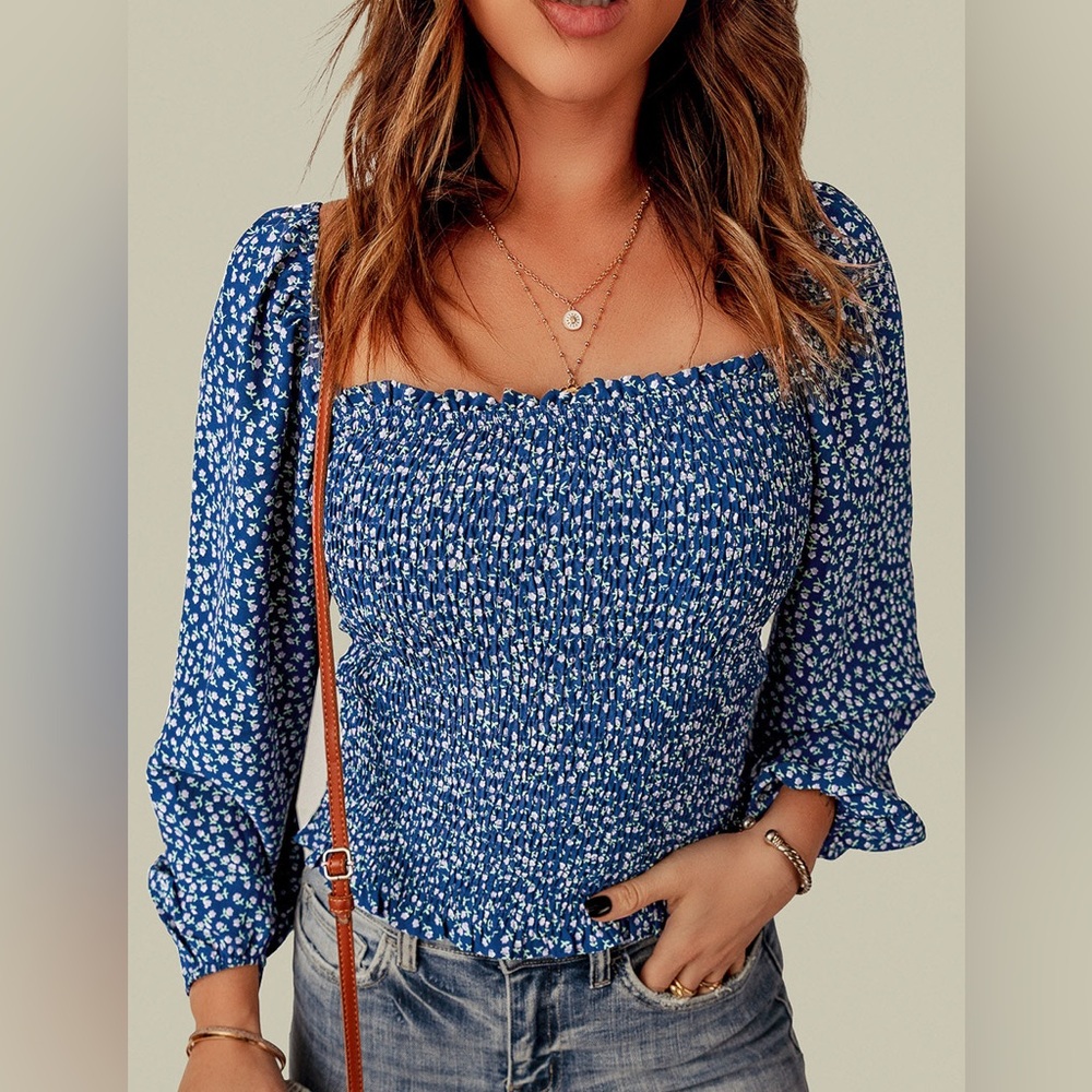 Blue Floral Smocked Women's Top